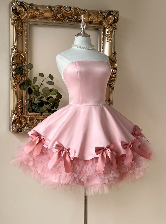 Unique Homecoming Dress Strapless Tulle Bowknot Cascade Back to School Outfits Party Dress  D7743