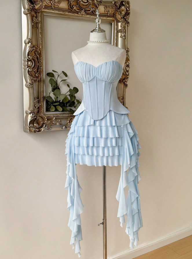 Unique Homecoming Dress Sweetheart Two Pieces Soutache Pleated Cascade Back to School Outfits Party Dress  D7746