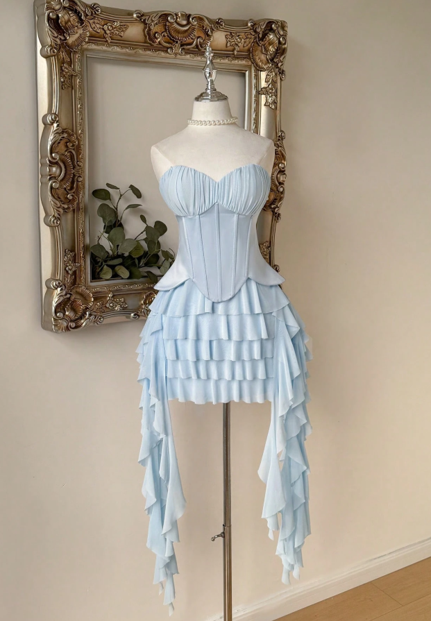Unique Homecoming Dress Sweetheart Two Pieces Soutache Pleated Cascade Back to School Outfits Party Dress  D7746