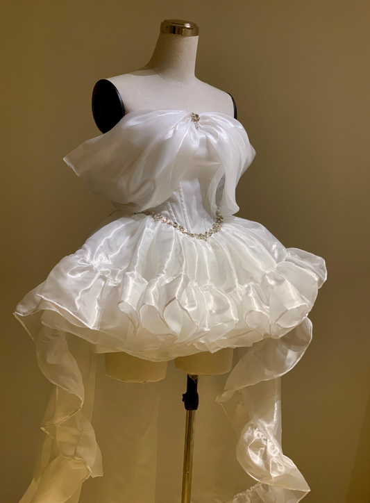 Unique Homecoming Dress Off theShoulder Organza Rinestone Hi-Lo Back to School Outfits Party Dress Wedding Dress  D7747
