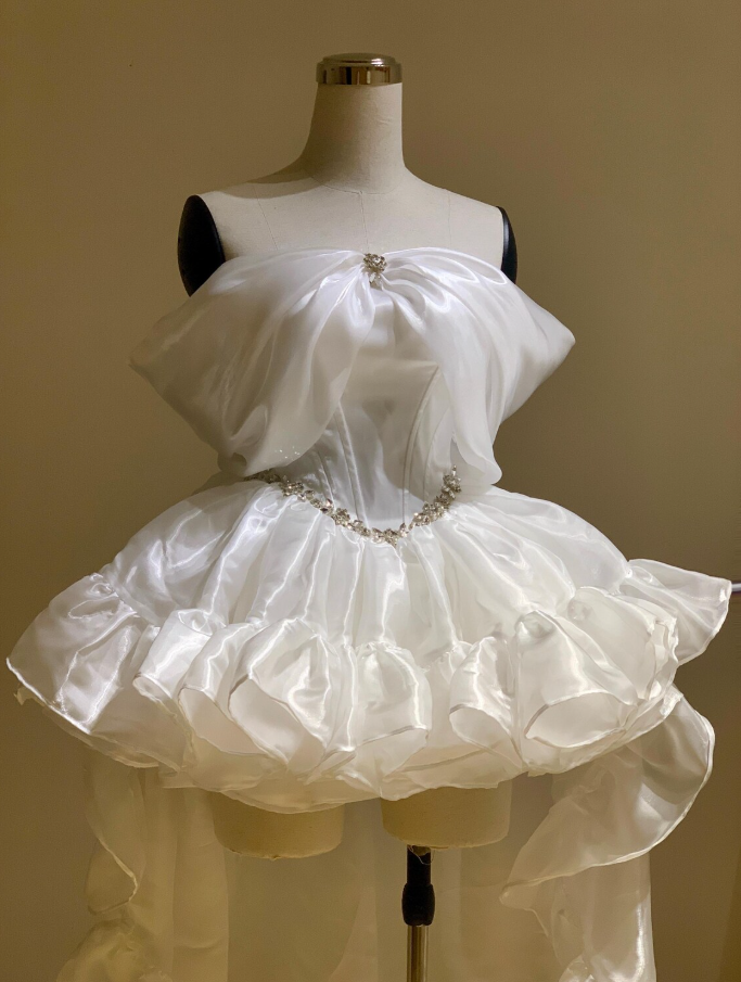 Unique Homecoming Dress Off theShoulder Organza Rinestone Hi-Lo Back to School Outfits Party Dress Wedding Dress  D7747