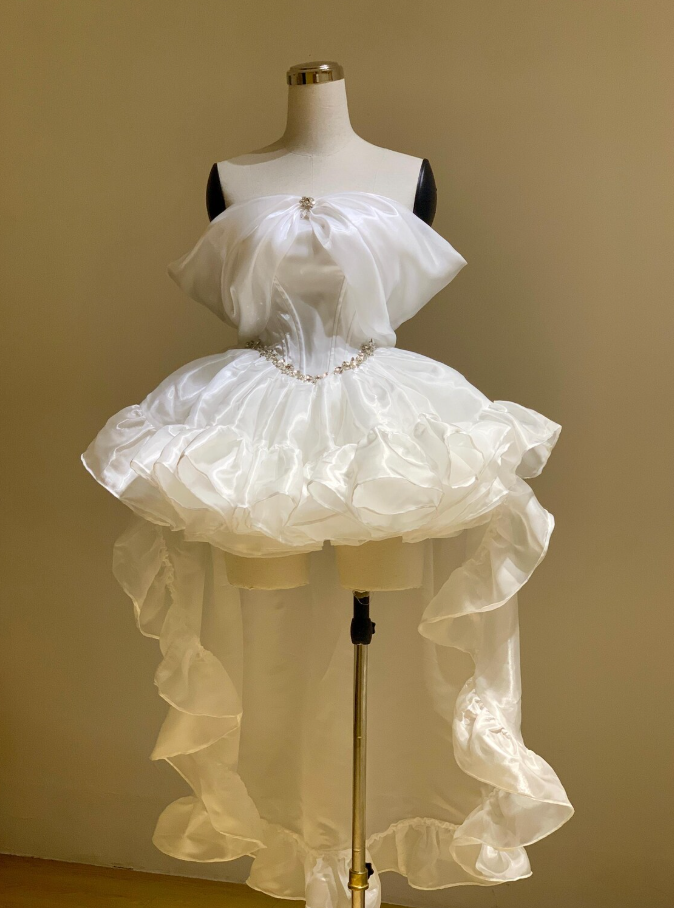 Unique Homecoming Dress Off theShoulder Organza Rinestone Hi-Lo Back to School Outfits Party Dress Wedding Dress  D7747