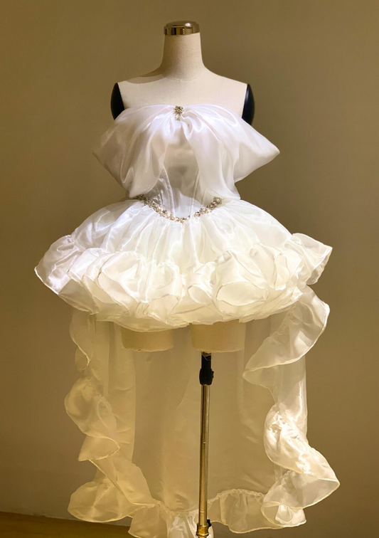Unique Homecoming Dress Off theShoulder Organza Rinestone Hi-Lo Back to School Outfits Party Dress Wedding Dress  D7747