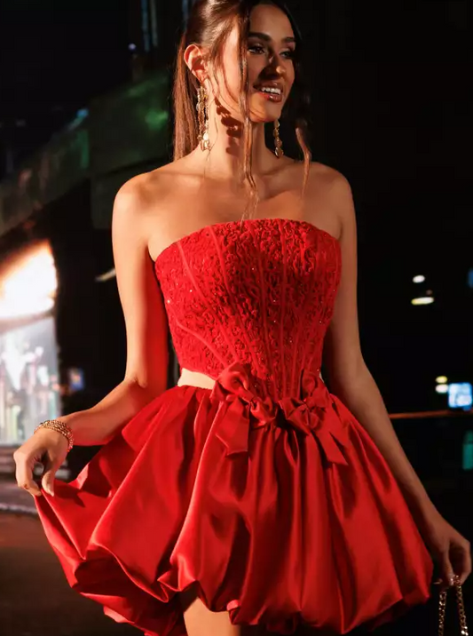Unique Homecoming Dress Square Applique Bowknot A-Line Back to School Outfits Party Dress D7781