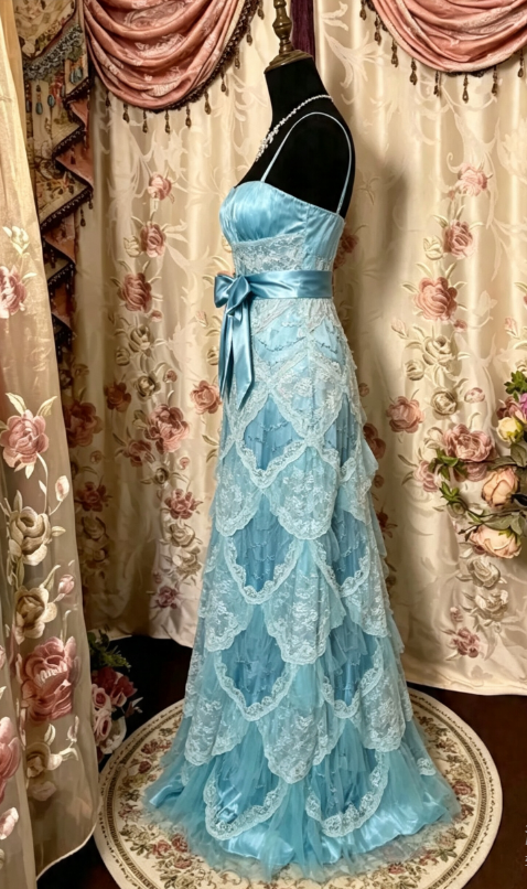 Blaues Spaghettiträger-Spitzen-Satin-Vintage-langes Partykleid-Abendkleid, D405