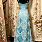 Blaues Spaghettiträger-Spitzen-Satin-Vintage-langes Partykleid-Abendkleid, D405