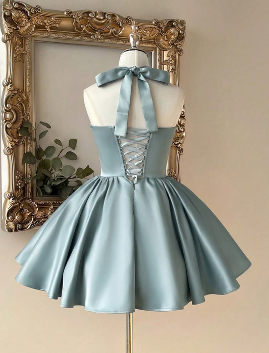 Unique Homecoming Dress Halter Pearl Beaded Back to School Outfits Party Dress D7807
