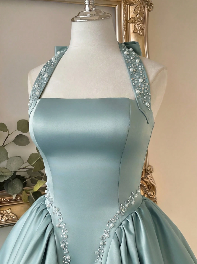 Unique Homecoming Dress Halter Pearl Beaded Back to School Outfits Party Dress D7807
