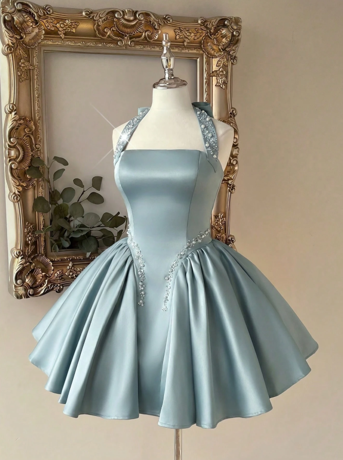 Unique Homecoming Dress Halter Pearl Beaded Back to School Outfits Party Dress D7807