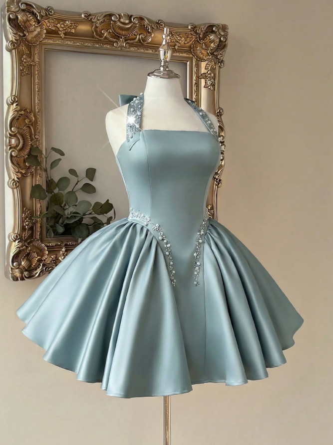 Unique Homecoming Dress Halter Pearl Beaded Back to School Outfits Party Dress D7807