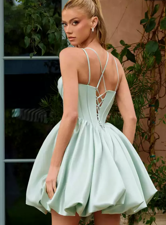 Unique Homecoming Dress Spaghetti Strap Rinestone Pleated Back to School Outfits Party Dress D7808