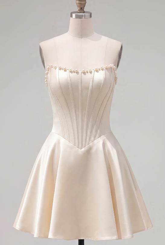 Unique Homecoming Dress Strapless Pearl Back to School Outfits Party Dress D7813