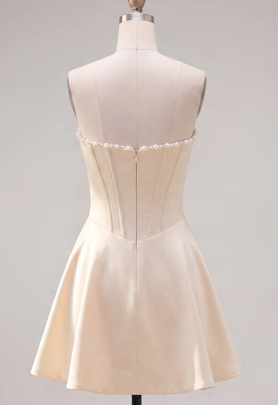 Unique Homecoming Dress Strapless Pearl Back to School Outfits Party Dress D7813