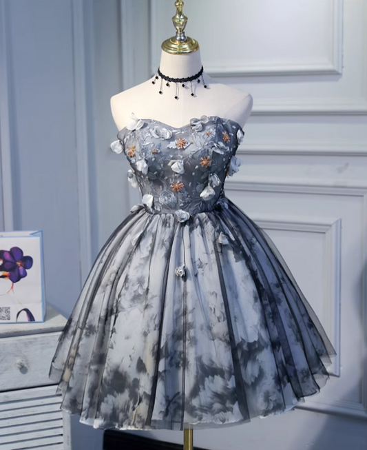 Elegant Gray 3D Flowers Design A-line Mesh Strapless Short Homecoming Dress, D1361