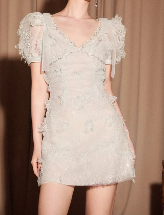 Chic Light-Blue Short-sleeved A-line Appliqued V-neck Party Dresses Homecoming Dresses, D1338