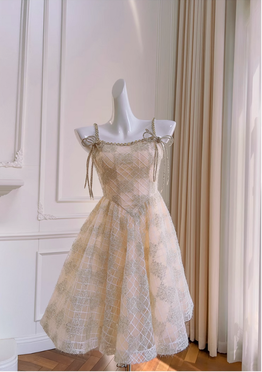 Chic Spaghetti Strap Beading A-line Tulle Party Dresses Homecoming Dresses, D1340