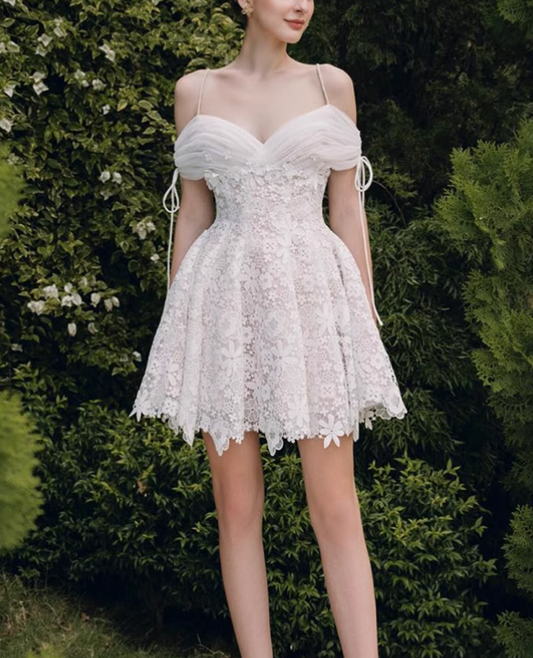 Vintage White Spaghetti Strap Appliqued A-line Party Dresses Homecoming Dresses, D1341