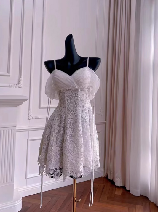 Vintage White Spaghetti Strap Appliqued A-line Party Dresses Homecoming Dresses, D1341