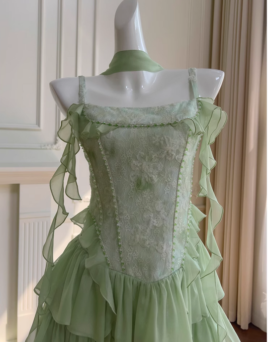 Chic Green Appliqued Ruffled Hem Design A-line Spaghetti Strap Party Dresses Homecoming Dresses, D1345