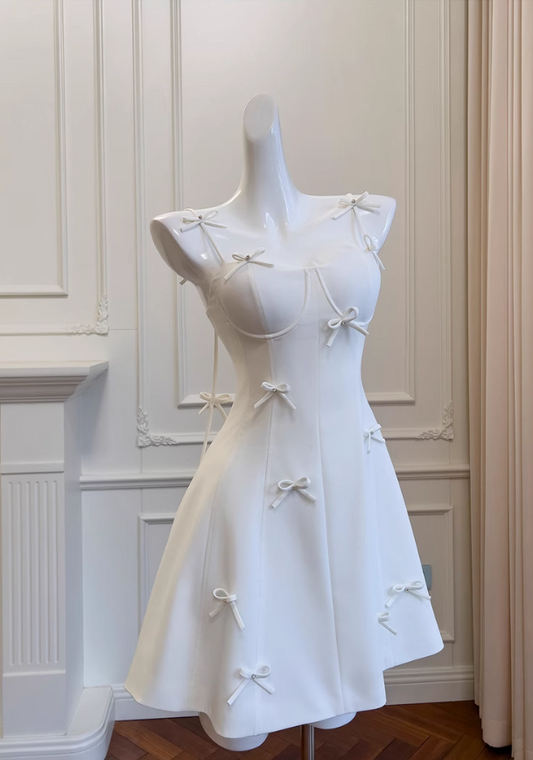 New Fashion White Bow Design A-line Spaghetti Strap Party Dresses Homecoming Dresses, D1354