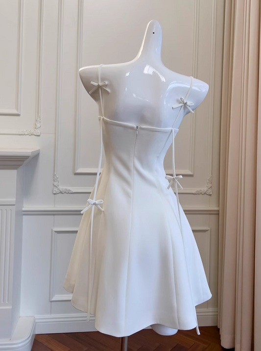 New Fashion White Bow Design A-line Spaghetti Strap Party Dresses Homecoming Dresses, D1354