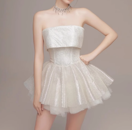 Cute Beige Sequin Ruffled Hem Design A-line Satin Strapless Party Dress Homecoming Dress, D1372