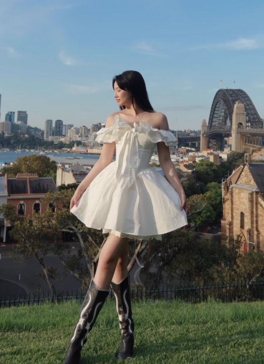Simple White Off-the-shoulder Lace Bow Design A-line Party Dress Homecoming Dress, D1374