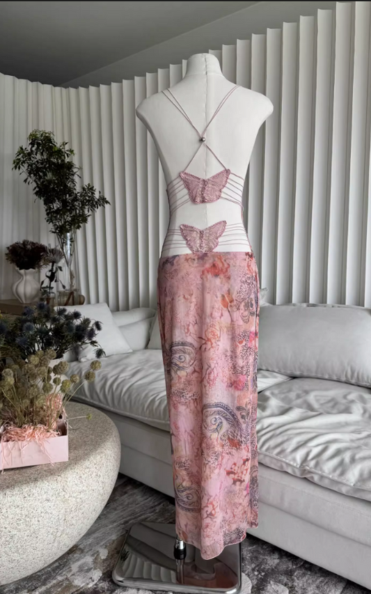 Sweet Spaghetti Strap V-neck Backless Design Floral Print A-line Women Party Dress, D1399