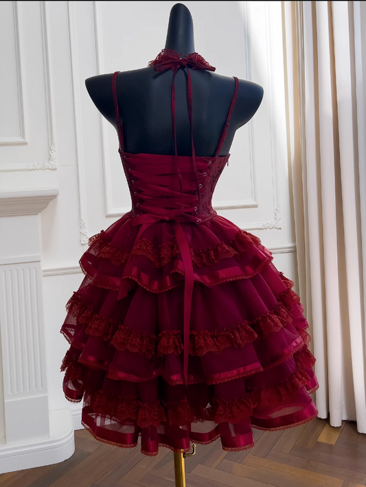 Vintage Burgundy Sweetheart Lace Design Spaghetti Strap Tiered Homecoming Dress, D1435