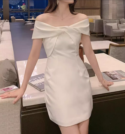 Vintage White Off-the-shoulder Satin Short Party Dress Homecoming Dresses D1454