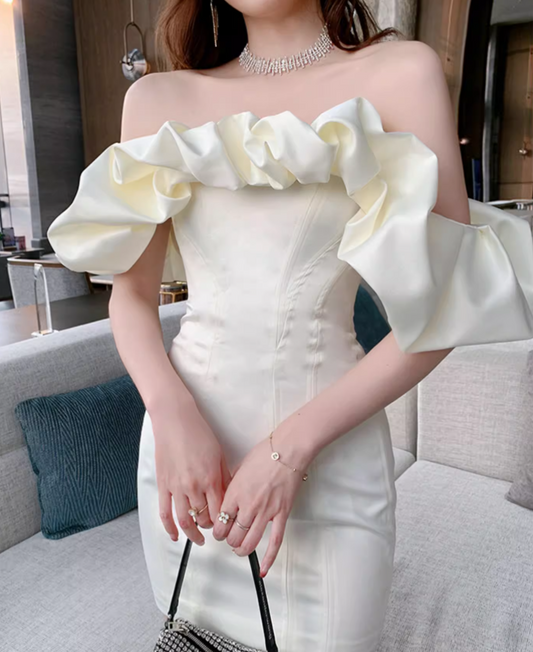 New Fashion White Off-the-shoulder Satin Sheath Short Party Dress Homecoming Dresses D1453