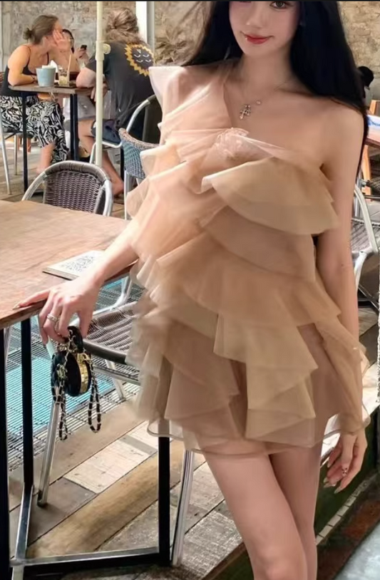 Retro Champagne 3D Flower Design Tulle Design A-line Short Party Dress Homecoming Dresses D1446