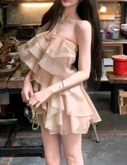 Retro Champagne 3D Flower Design Tulle Design A-line Short Party Dress Homecoming Dresses D1446