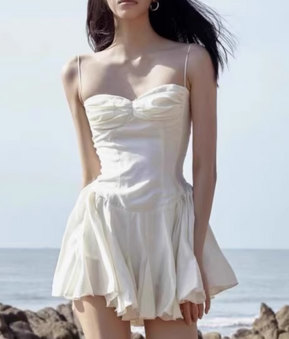 New Fashion White Sweetheart Spaghetti Strap Ruffled Hem Design Summer Party Dress, D1436