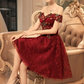 Vintage Burgundy Floral Applique Off-the-shoulder Design A-line Tulle Party Dress Homecoming Dress D1539