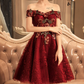 Vintage Burgundy Floral Applique Off-the-shoulder Design A-line Tulle Party Dress Homecoming Dress D1539