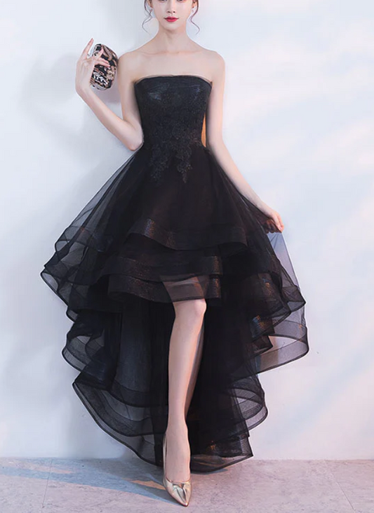 Vintage Black Strapless Ruffled Hem Design A-line Tulle Party Dress Homecoming Dress D1543
