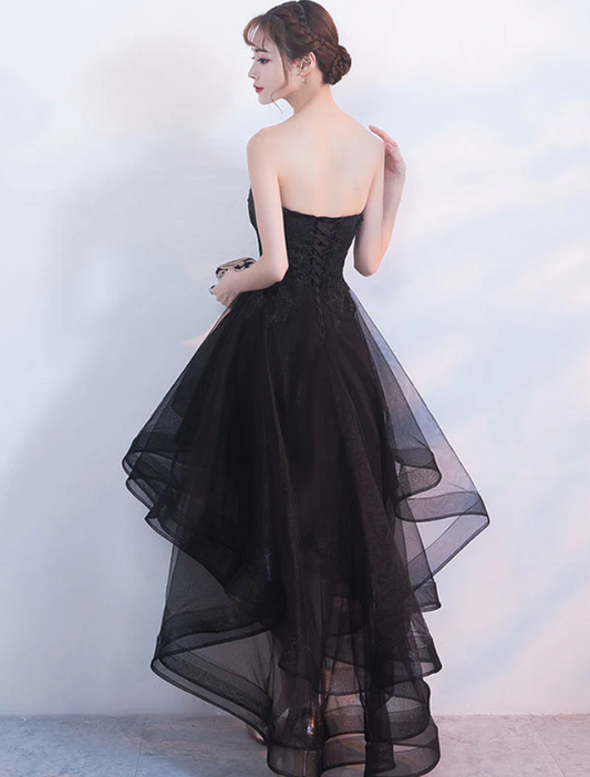 Vintage Black Strapless Ruffled Hem Design A-line Tulle Party Dress Homecoming Dress D1543