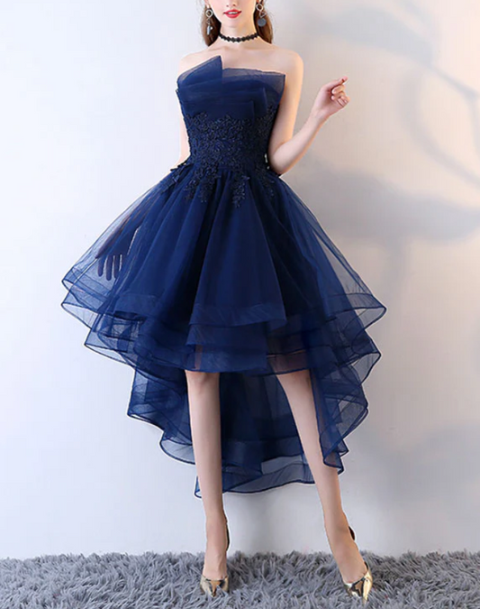 Retro Navy Blue Strapless Ruffled Hem Design A-line Tulle Party Dress Homecoming Dress D1544