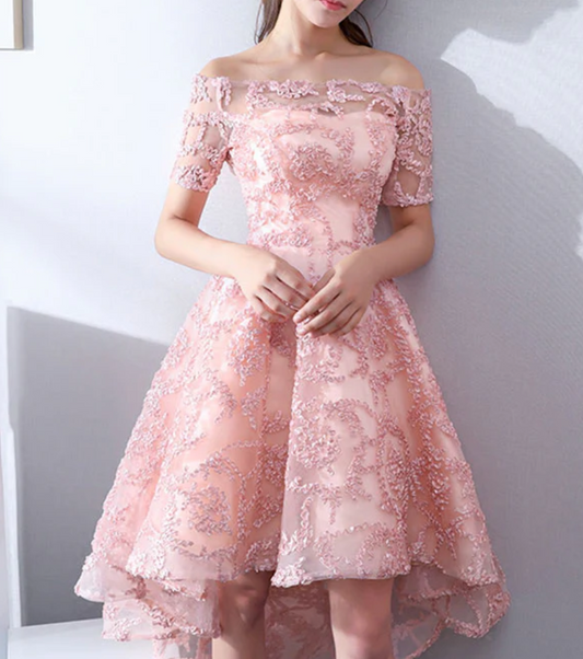 Vintage Pink Applique Off-the-shoulder Design A-line Tulle Party Dress Homecoming Dress D1547