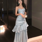 Vintage Blue Sweetheart Spaghetti Strap Mermaid Ruffled Hem Design Sexy Prom Dress Evening Dress D1731