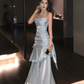 Vintage Blue Sweetheart Spaghetti Strap Mermaid Ruffled Hem Design Sexy Prom Dress Evening Dress D1731