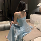 Vintage Blue Sweetheart Spaghetti Strap Mermaid Ruffled Hem Design Sexy Prom Dress Evening Dress D1731
