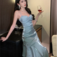 Vintage Blue Sweetheart Spaghetti Strap Mermaid Ruffled Hem Design Sexy Prom Dress Evening Dress D1731