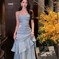 Vintage Blue Sweetheart Spaghetti Strap Mermaid Ruffled Hem Design Sexy Prom Dress Evening Dress D1731