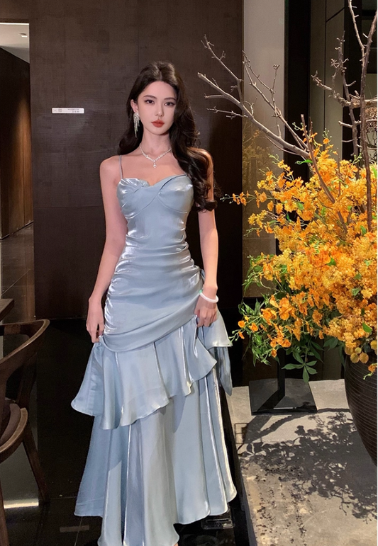 Vintage Blue Sweetheart Spaghetti Strap Mermaid Ruffled Hem Design Sexy Prom Dress Evening Dress D1731