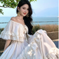 Vintage Ivory Strapless Ruffled Hem Design Elegant Beach Holiday A-Line Summer Dress D1730
