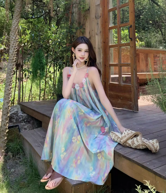 Vintage Floral Spaghetti Strap Design Elegant Beach Holiday Sleeveless Summer Dress D1729