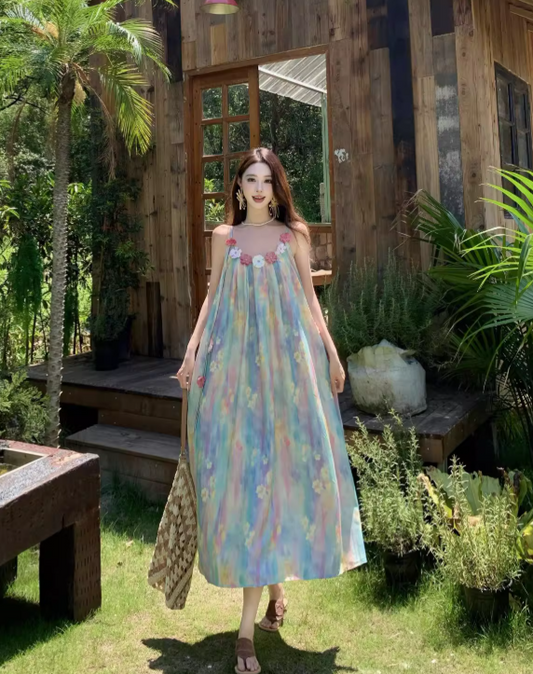 Vintage Floral Spaghetti Strap Design Elegant Beach Holiday Sleeveless Summer Dress D1729