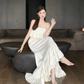 Vintage Ivory Strapless Ruffled Hem Design Elegant Beach Holiday A-Line Sleeveless Summer Dress D1728